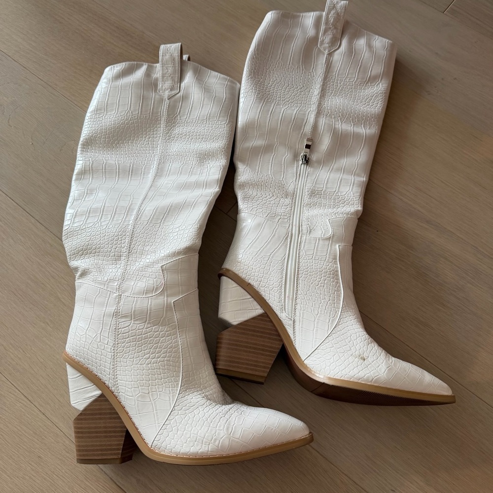White Faux Croc Leather Heeled Cowboy Western Boots 39